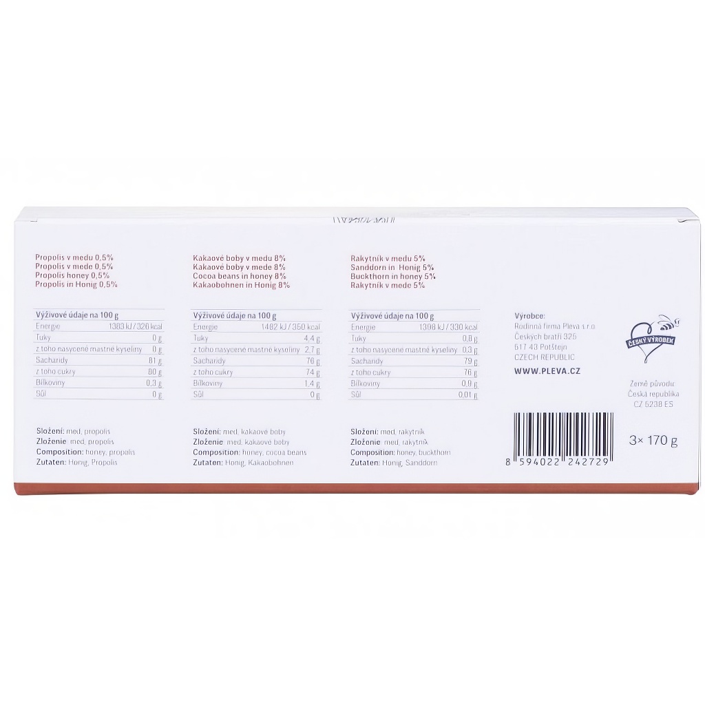 Pleva mézek - propolisz, kakaóbab és homoktövis mézben - 3 x 170 g